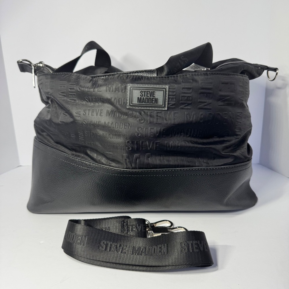 Steve Madden Women's Black Embossed Logo Nylon Faux Leather Weekender Duffle Bag